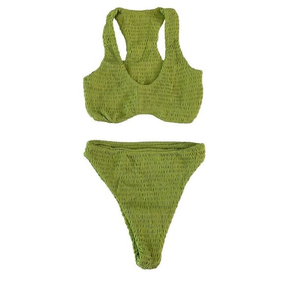 Naked Wardrobe Swim Sz Small 2-Piece Bikini Smocked Bathing Suit Lime Green NIB - Picture 1 of 7
